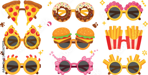 Funny food sunglasses collection with pizza donut burger fries and strawberry designs, creative summer accessories concept with colorful novelty glasses vector illustration set
