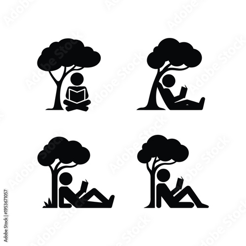 Four illustrations of people reading under trees in various relaxed poses world book day, world book day 2026, book day ,book day vector, book day set icons, book day vector icons