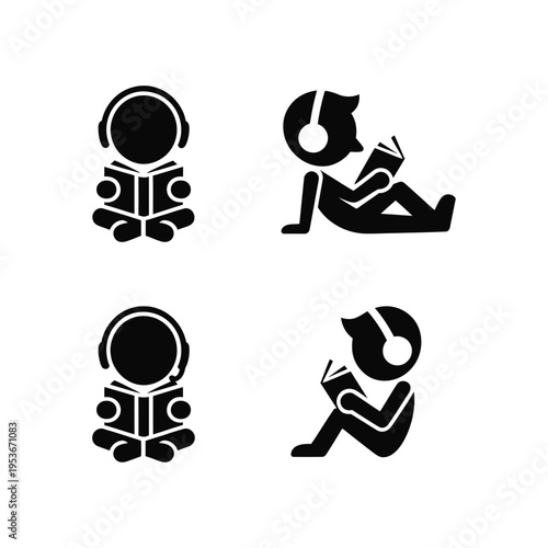 Iconic representations of reading with and without headphones in various poses world book day, world book day 2026, book day ,book day vector, book day set icons, book day vector icons