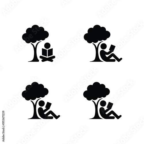 People reading under trees in various relaxed postures world book day, world book day 2026, book day ,book day vector, book day set icons, book day vector icons