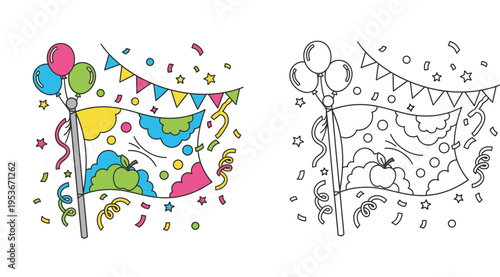 Festive Celebration Flag with Balloons Confetti and Bunting Illustration Set Including a Coloring Page Version for Kids Activities and Party Decorations Design Elements