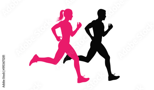 Silhouette of a man and woman running side by side in athletic poses