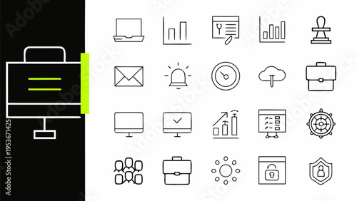 Business productivity icons set with laptop smartphone email calendar clock and documents on screen