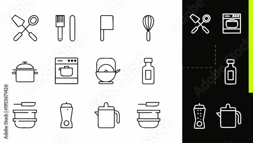 Kitchen utensils and appliances icon set for cooking and food preparation