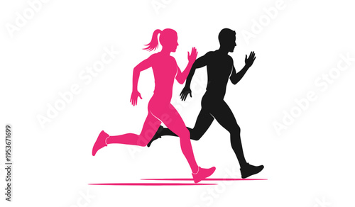 Silhouette of a man and woman running together in a fitness exercise routine silhouette