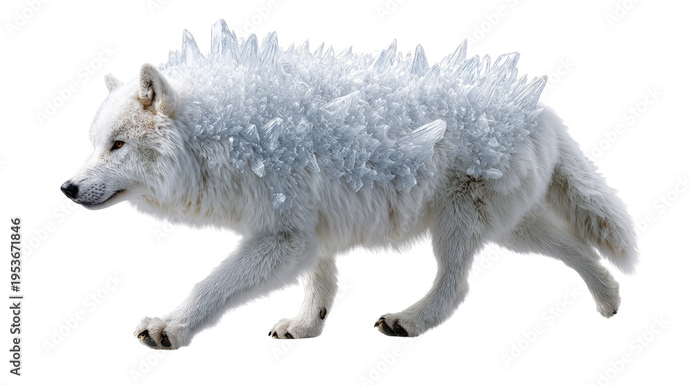 Obraz premium Arctic Wolf: A majestic arctic wolf with pure white fur treads gracefully across a snowy expanse, exuding an aura of strength, resilience, and the untamed beauty of the arctic wilderness.