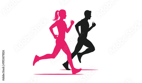 Silhouette of a man and woman running together in a pink and black fitness illustration silhouette