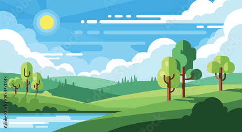 A geometric illustration of a sunny day landscape