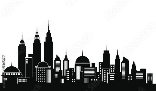 City skyline silhouette at dusk with tall skyscrapers and modern architecture