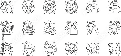 Hand drawn zodiac animals icons set in doodle style, Chinese horoscope symbols collection with cute line art vector illustration
