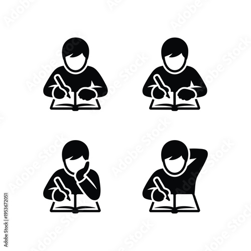 Four students engaged in different study postures with books and pens. world book day, world book day 2026, book day ,book day vector, book day set icons, book day vector icons