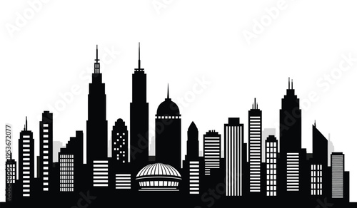 Chicago city skyline silhouette at dusk with skyscrapers and towering architecture