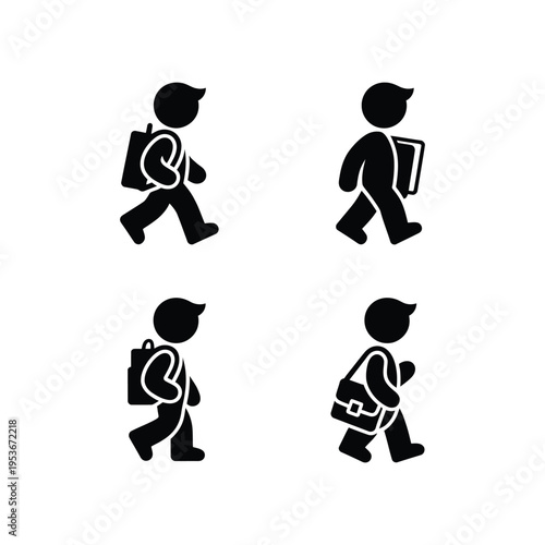 Four icons of students walking with backpacks and briefcases world book day, world book day 2026, book day ,book day vector, book day set icons, book day vector icons