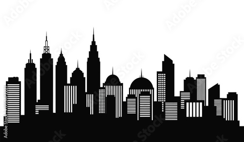 City skyline silhouette at dusk with tall skyscrapers and modern architecture