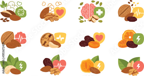 Healthy nuts and dried fruits icons set with brain, heart and energy symbols, superfood nutrition concept vector illustration collection