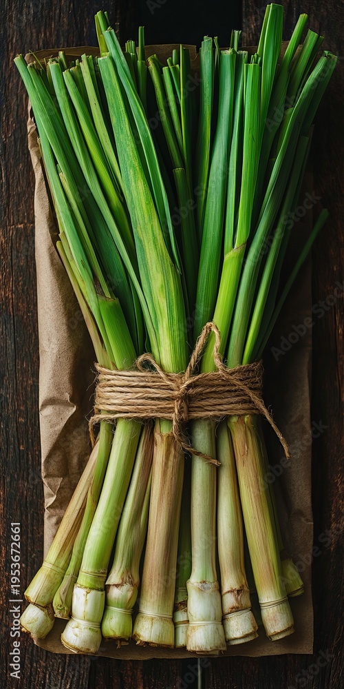 Fototapeta premium Vibrant Fresh Lemongrass Bundles Tied Together, Ready for Culinary Use in a Rustic Kitchen Setting.