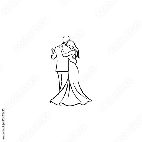Bride and Groom Waltz Dance Back View Wedding Scene Line Art Vector illustration.