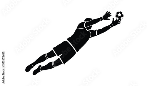 Silhouette of a soccer goalkeeper diving to catch a ball in mid air showcasing athleticism and skill in a dramatic pose