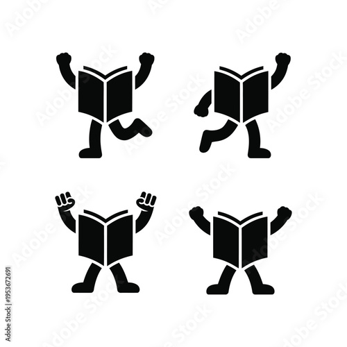Four animated characters celebrating with open books in a dynamic pose world book day, world book day 2026, book day ,book day vector, book day set icons, book day vector icons, book day