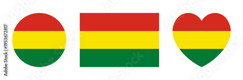 Bolivia flag heart, circular, rectangular badges, stickers. Civil flag of Bolivia icons. Set of Flag of Bolivia round, rectangle, heart shaped button, backgrounds.
