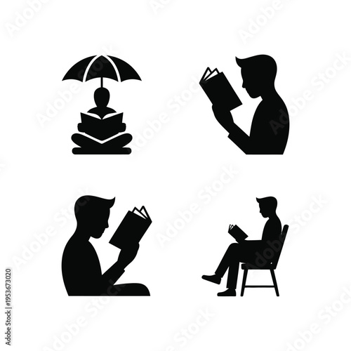 Four illustrations of people engaging in different reading scenarios world book day, world book day 2026, book day ,book day vector, book day set icons, book day vector icons, book day, book day 