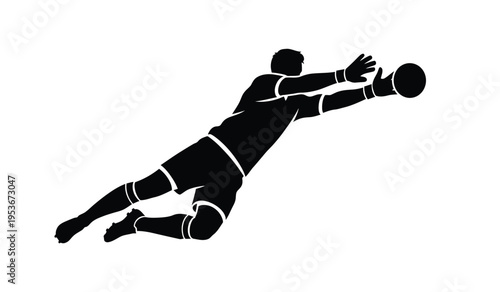 Silhouette of a soccer goalkeeper diving to catch the ball in mid air athletic pose