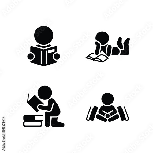 Four different illustrations of people engaging with books and knowledge world book day, world book day 2026, book day ,book day vector, book day set icons, book day vector icons, book day, book day 
