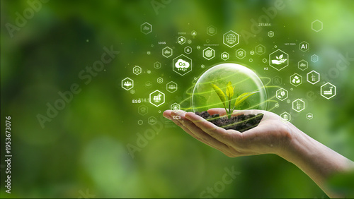 ESG and net zero emission concept, hand holding digital globe with seedling and glowing sustainable environment icons for eco-friendly green business and ecology.