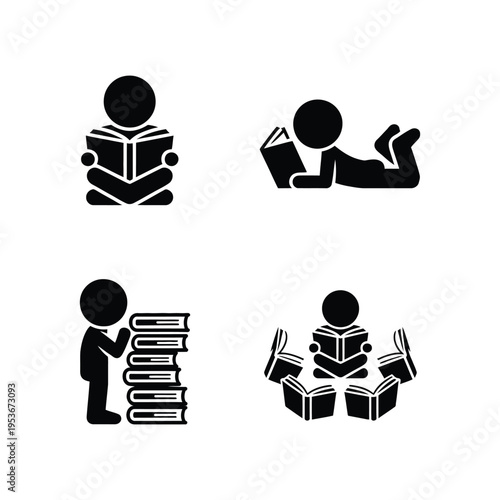 world book day, world book day 2026, book day ,book day vector, book day set icons, book day vector icons, book day, book day Four illustrations of people engaging with books in different ways