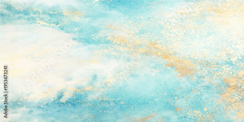Abstract watercolor evokes serenity. Delicate washes of turquoise, white, and gold coalesce, suggesting a dreamlike expanse of clouds and ethereal beauty.