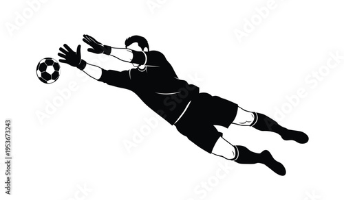 Silhouette of a soccer goalkeeper diving to catch the ball in mid air athletic silhouette