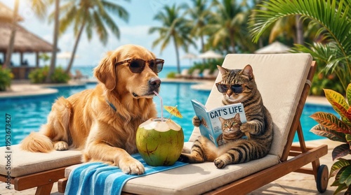 Cat and Dog Relaxing with Coconut Poolside Vacation
