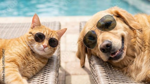 Cat and Dog Wearing Sunglasses Poolside Summer Vacation
