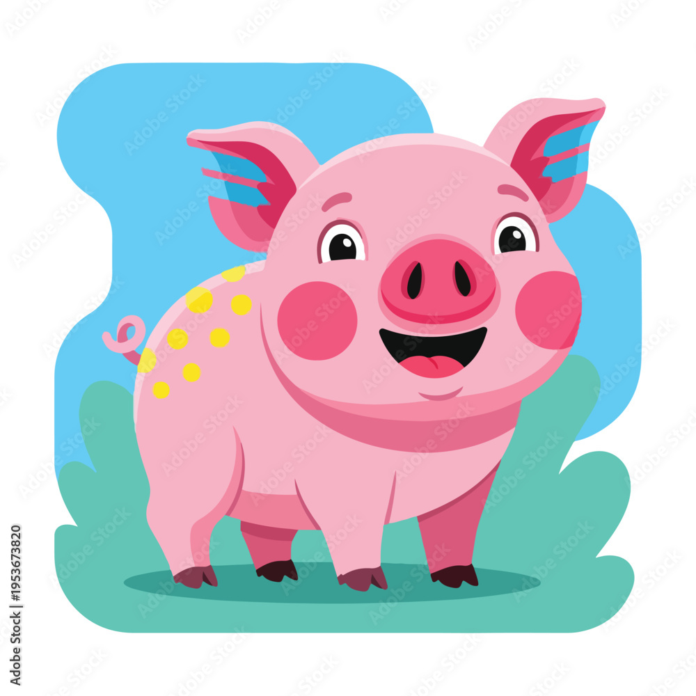 Fototapeta premium A happy, smiling pig with yellow spots in a stylized cartoon