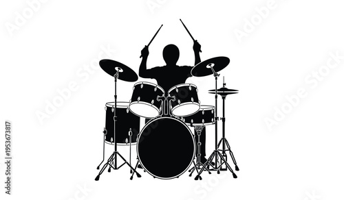 Silhouette of a drummer playing a drum set with cymbals and sticks