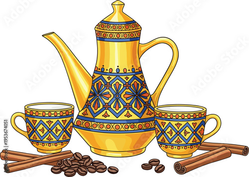Golden traditional Arabic coffee set with ornate blue patterns and dallah pot