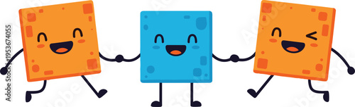 Group of cute colorful square characters holding hands and jumping happily