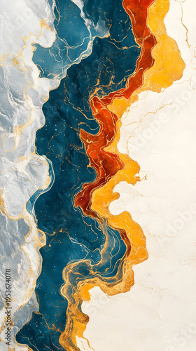 Abstract fluid art featuring swirling blue, orange, and gold patterns, evoking a sense of movement and harmony on a vintage blueprint backdrop