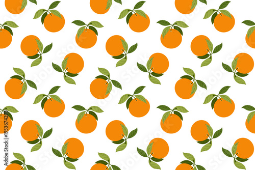 Seamless pattern with orange branches with leaves. Сitrus fresh juicy background with hand drawn elements. Cute fruit texture perfect for textile, wrapping paper, packaging, wallpaper, food design.
