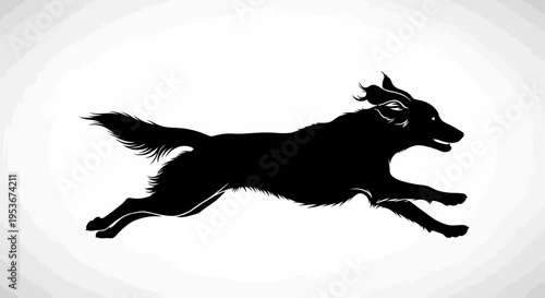 Dynamic black silhouette of a running dog in full stride, symbolizing speed, agility, and energetic movement, isolated on a clean white background