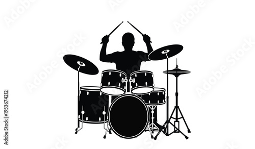 Silhouette of a drummer playing a drum set with cymbals