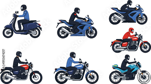 Motorcycle riders vector set with sport bikes, scooters and cruisers, bikers wearing helmets in urban transport cartoon illustration