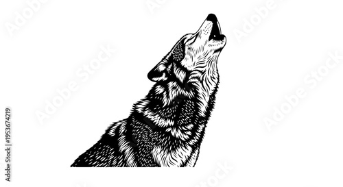 Stylized howling wolf illustration, detailed black and white artwork with intricate fur texture, wild animal design on white.