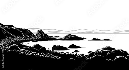 Monochrome illustration of a rugged rocky coastline with ocean waves and distant mountains under a vast sky, black and white landscape art
