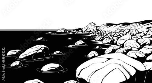 Graphic black and white illustration of a rugged rocky coastline with boulders in the dark water and distant hills, nature scene