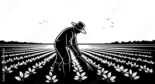 Traditional farmer working in a field, cultivating crops with manual labor, black and white linocut style illustration