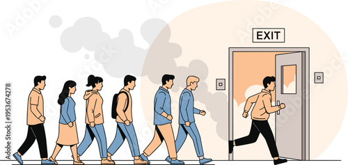 Bild auf Leinwand People evacuating a building through emergency exit during fire with smoke