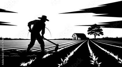 Farmer silhouette working in a rural agricultural field with a hoe, barn and tree in background, vintage style illustration