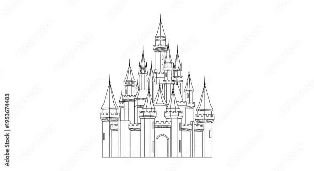 Obraz premium Detailed line art illustration of a fairytale castle with multiple towers and spires, fantasy palace drawing for magic and royal themes