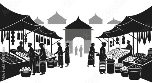 Monochrome illustration of a bustling traditional outdoor market with vendors, shoppers, and local produce under stalls.